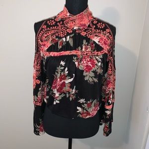 Cold shoulder embroidered black floralprint shirt